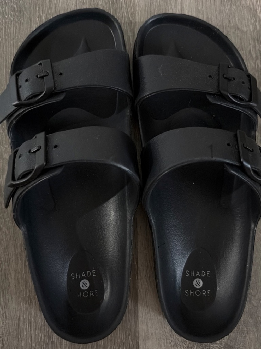 Shade & Shore Women’s Black Double-Strap Buckle Slide Sandals